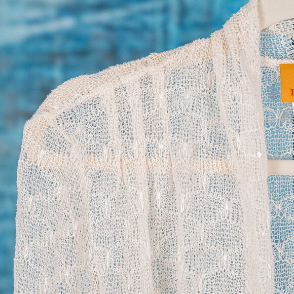 Ruby Rd Open Knit Cardigan Cream w/ Sequins Women's MEDIUM Beachy Casual Coastal - Picture 2 of 6